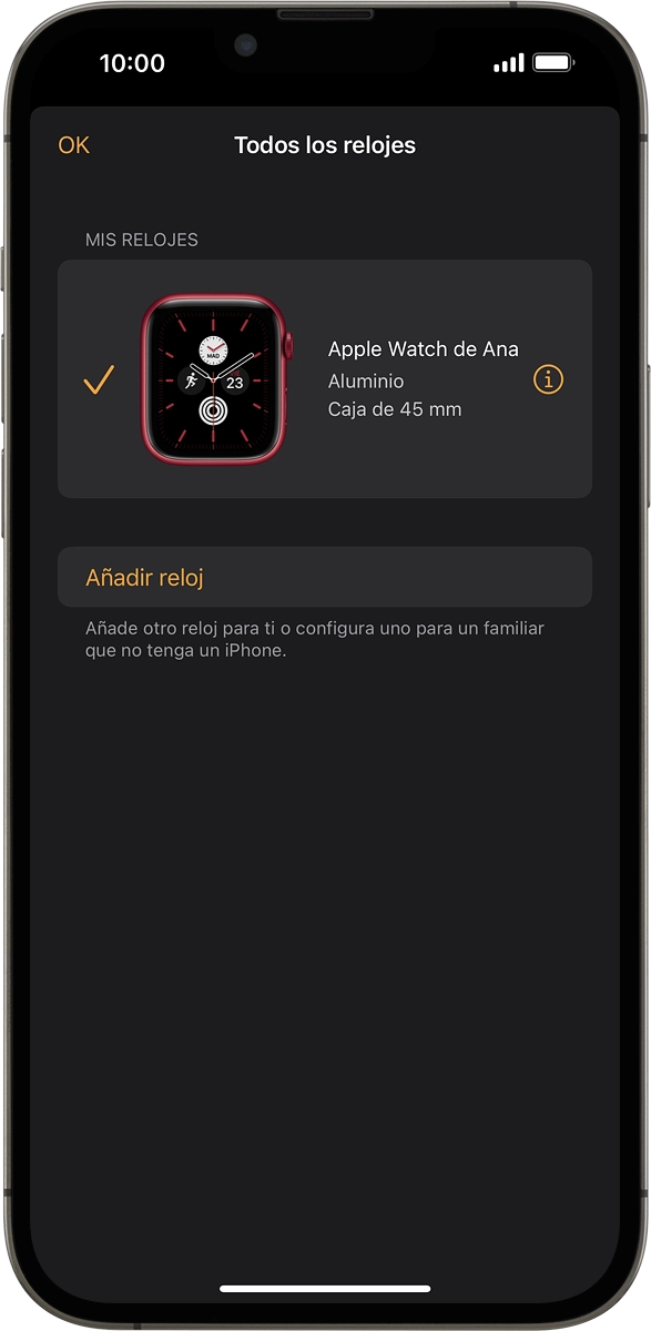 En el móvil: Pulsar el icono de información junto al nombre del Apple Watch.