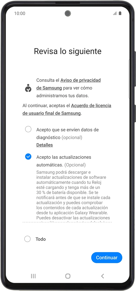 En el teléfono: Sigue las indicaciones de la pantalla para seleccionar los ajustes deseados y pulsa Continuar.