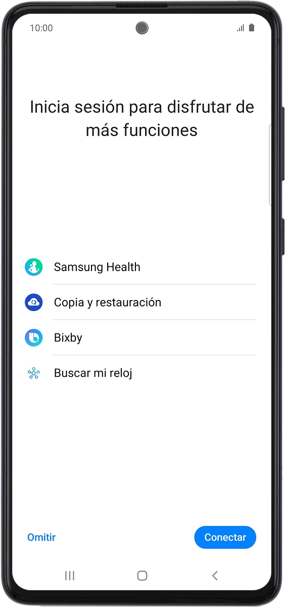 En el teléfono: Pulsa Conectar y sigue las indicaciones de la pantalla para iniciar sesión en tu cuenta de Samsung o para crear una cuenta nueva si todavía no tienes una.