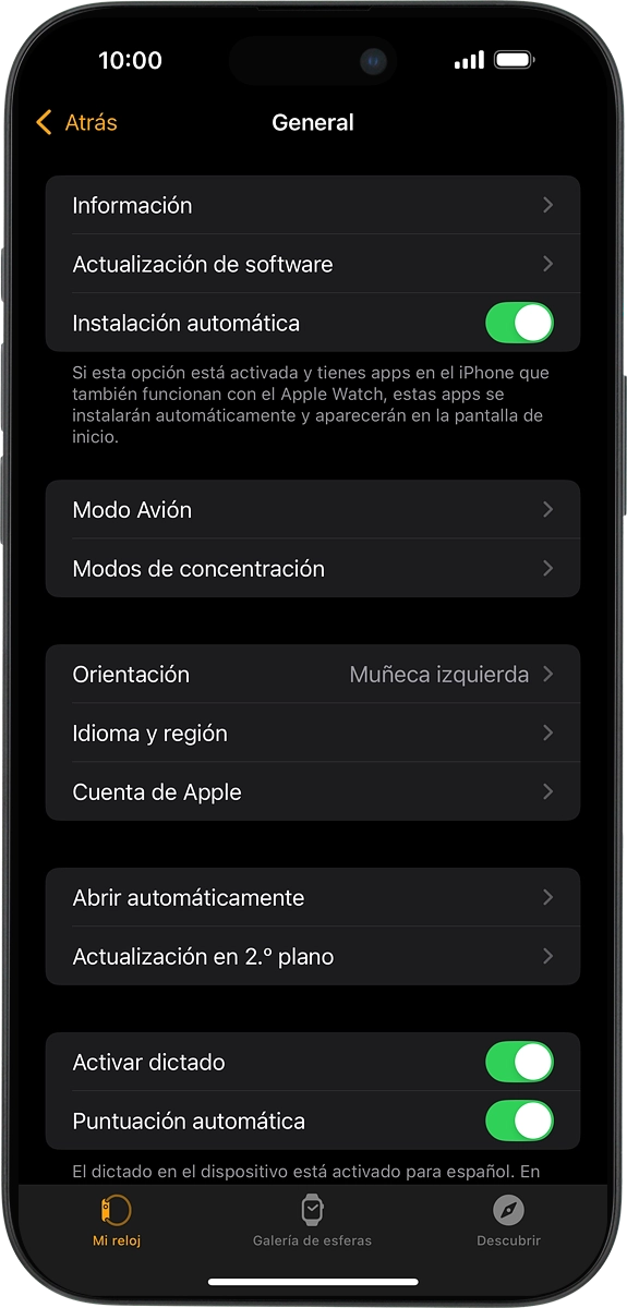 En el teléfono: Pulsa Actualización de software. Si hay una versión de software nueva disponible, aparecerá ahora en la pantalla. Sigue las indicaciones de la pantalla para actualizar el software del Apple Watch.