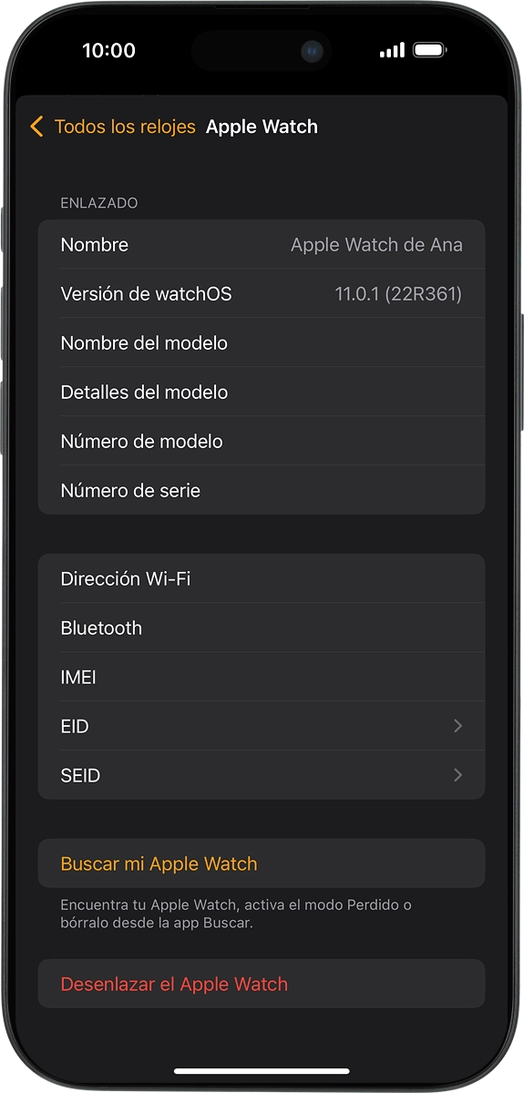 En el teléfono: Pulsa Buscar mi Apple Watch. Si el teléfono te lo pide, tienes que conectarte con tu ID de Apple.