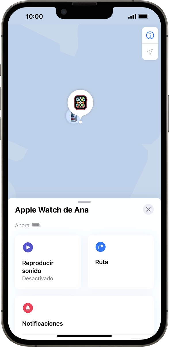 La última posición  del Apple Watch se muestra en el mapa.