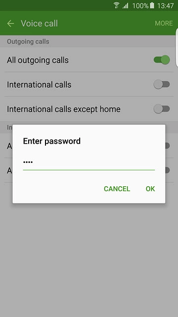 Key in your barring password (default is 0000) and press OK to turn the function on or off.