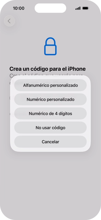 Sigue las indicaciones de la pantalla para activar el uso del código de seguridad o pulsa No usar código.