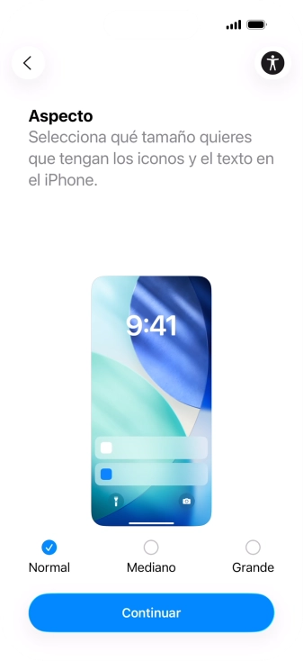 Selecciona el tamaño de letra y de los iconos que debe tener el teléfono y pulsa Continuar.