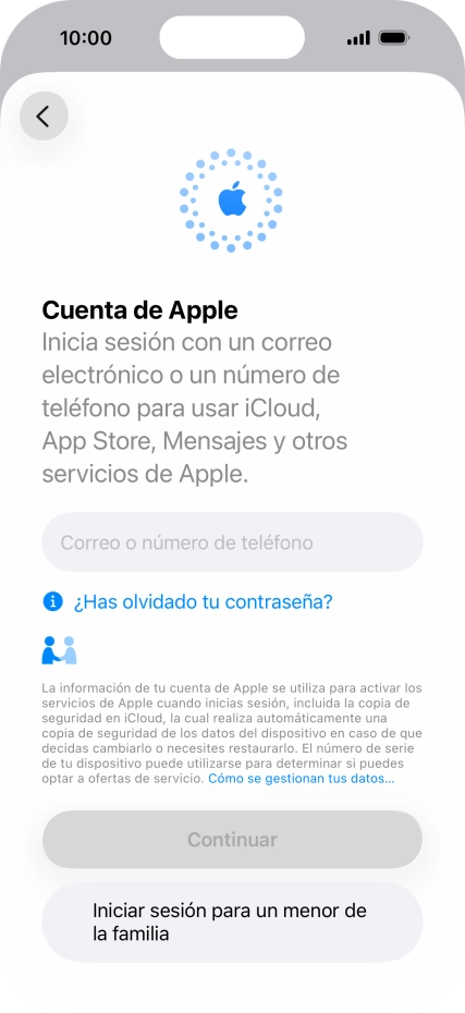 Pulsa Correo o número de teléfono e introduce el nombre de usuario de tu Cuenta de Apple.