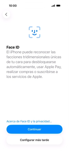 Sigue las indicaciones de la pantalla para activar el uso del reconocimiento facial (Face ID) o pulsa Configurar más tarde.
