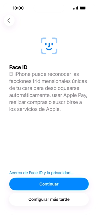 Sigue las indicaciones de la pantalla para activar el uso del reconocimiento facial (Face ID) o pulsa Configurar más tarde.
