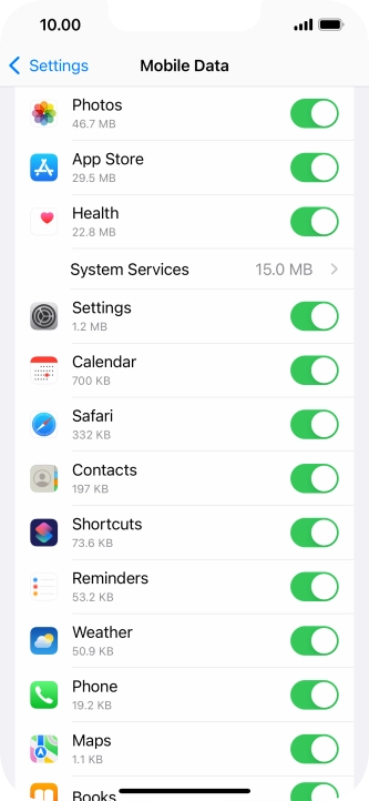 Press the indicators next to the required applications to turn the function on or off.