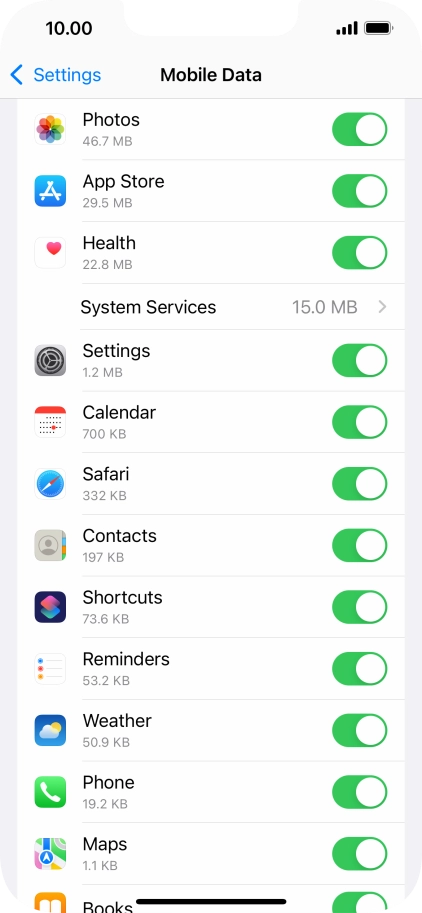 Press the indicators next to the required applications to turn the function on or off.