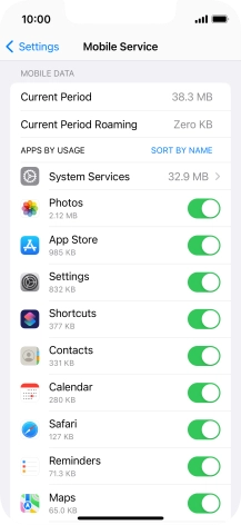 The data usage for each application is displayed below the name of the application.
