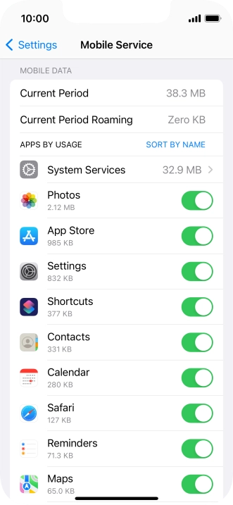 The data usage for each application is displayed below the name of the application.
