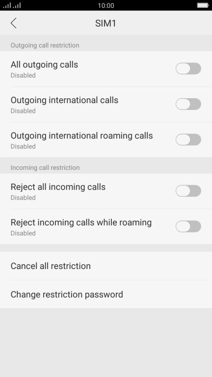 Press the indicator next to the required barring type to turn the function on or off. Press the indicator next to the required barring type to turn the function on or off.
