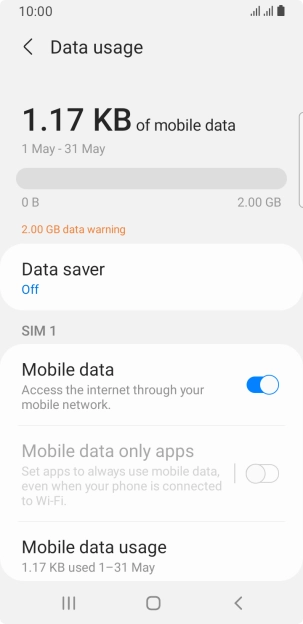 The total data usage is displayed. The total data usage is displayed.