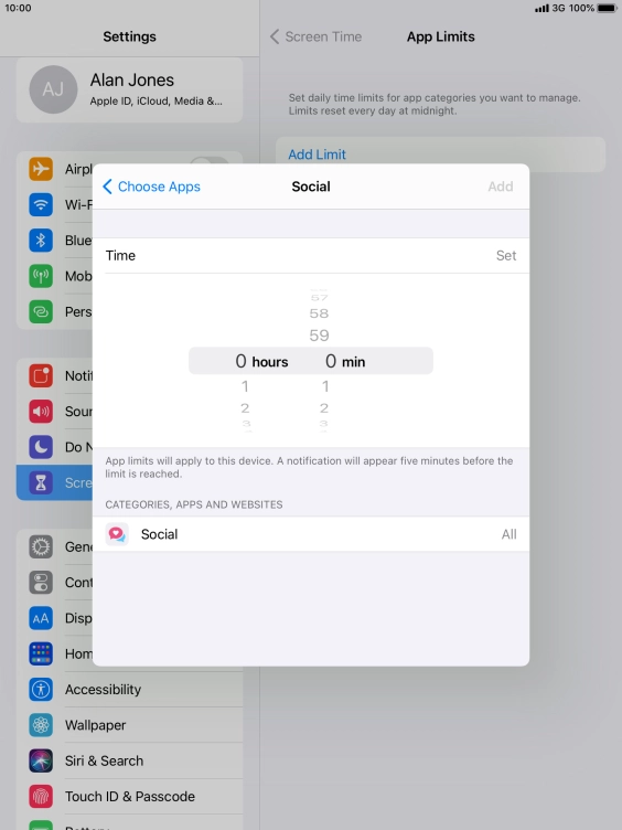 Set the required time limit for use of the selected category.