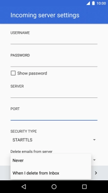 Press Never to keep email messages on the server when you delete them on your phone.