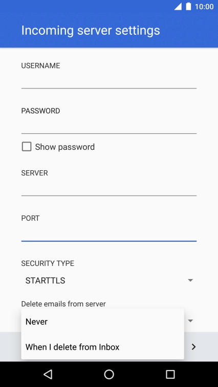Press Never to keep email messages on the server when you delete them on your phone.