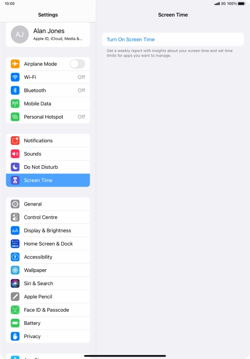 Press Turn On Screen Time. Press Turn On Screen Time.