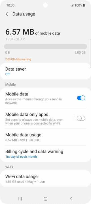 The total data usage is displayed. The total data usage is displayed.