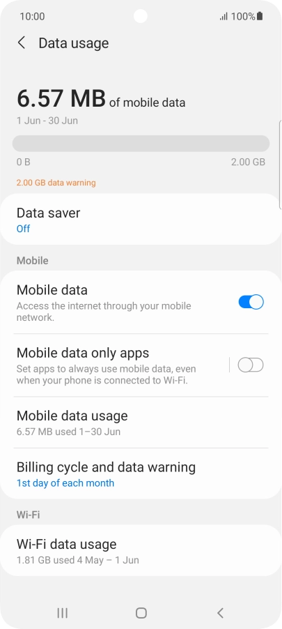 The total data usage is displayed. The total data usage is displayed.