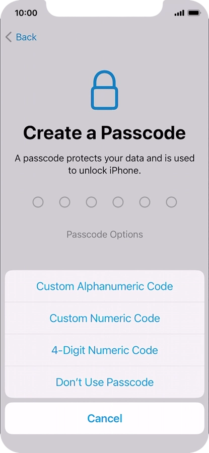 Follow the instructions on the screen to turn on use of phone lock code or press Don't Use Passcode.