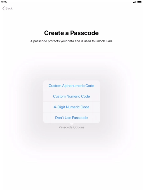 Follow the instructions on the screen to turn on use of lock code or press Don't Use Passcode.