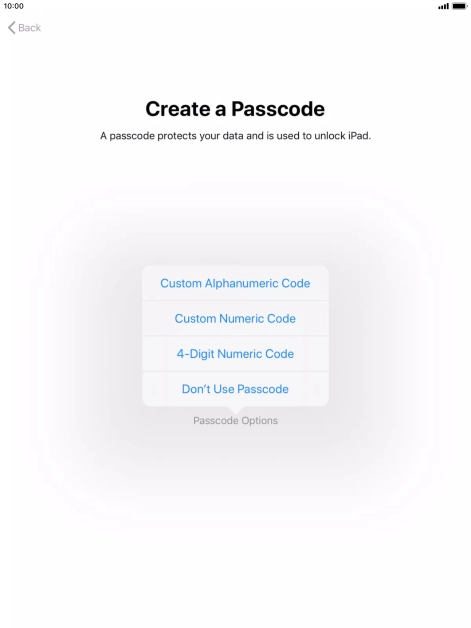 Follow the instructions on the screen to turn on use of lock code or press Don't Use Passcode.