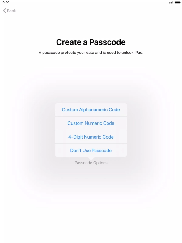 Follow the instructions on the screen to turn on use of lock code or press Don't Use Passcode.