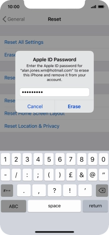 Key in the password for your Apple ID and press Erase. Wait a moment while the factory default settings are restored. Follow the instructions on the screen to set up your phone and prepare it for use. Key in the password for your Apple ID and press Erase. Wait a moment while the factory default settings are restored. Follow the instructions on the screen to set up your phone and prepare it for use.