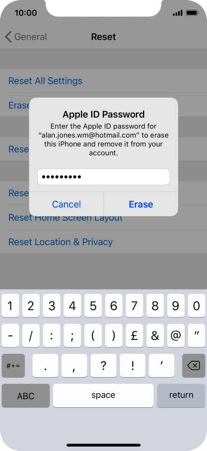 Key in the password for your Apple ID and press Erase. Wait a moment while the factory default settings are restored. Follow the instructions on the screen to set up your phone and prepare it for use. Key in the password for your Apple ID and press Erase. Wait a moment while the factory default settings are restored. Follow the instructions on the screen to set up your phone and prepare it for use.