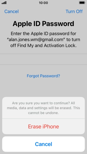 Key in the password for your Apple ID and press Erase iPhone. Wait a moment while the factory default settings are restored. Follow the instructions on the screen to set up your phone and prepare it for use. Key in the password for your Apple ID and press Erase iPhone. Wait a moment while the factory default settings are restored. Follow the instructions on the screen to set up your phone and prepare it for use.