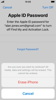 Key in the password for your Apple ID and press Erase iPhone. Wait a moment while the factory default settings are restored. Follow the instructions on the screen to set up your phone and prepare it for use. Key in the password for your Apple ID and press Erase iPhone. Wait a moment while the factory default settings are restored. Follow the instructions on the screen to set up your phone and prepare it for use.