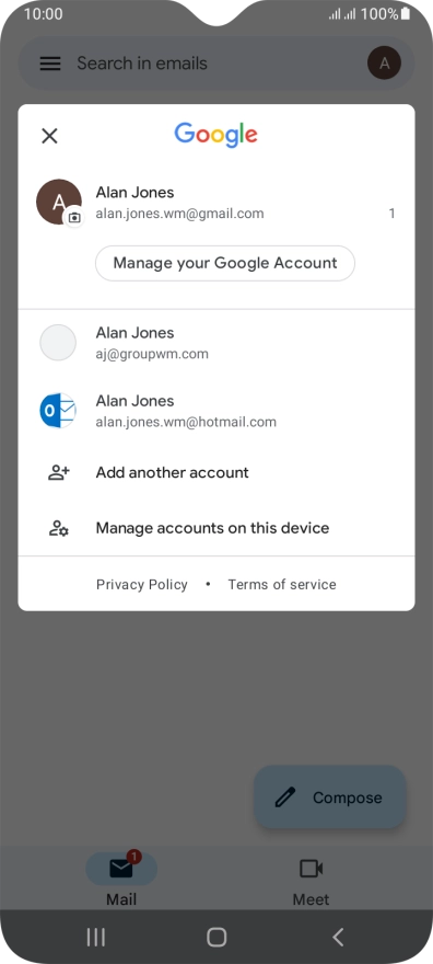 Press the required email account. Press the required email account.