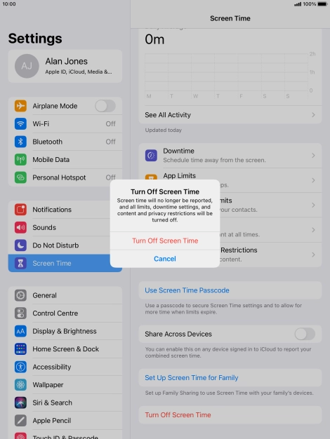 Press Turn Off Screen Time. Press Turn Off Screen Time.