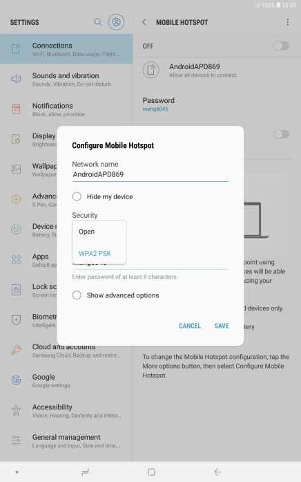 Press WPA2 PSK to password protect your Wi-Fi hotspot. Press WPA2 PSK to password protect your Wi-Fi hotspot.