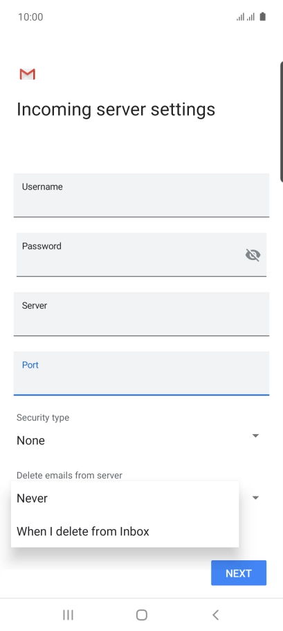 Press Never to keep email messages on the server when you delete them on your phone.