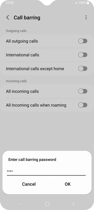 Key in your barring password and press OK. The default barring password is 0000. Key in your barring password and press OK. The default barring password is 0000.