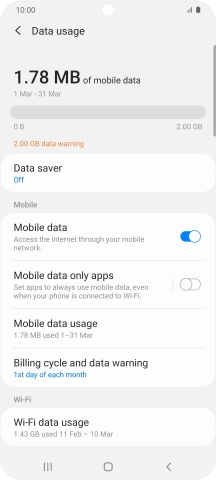 The total data usage is displayed. The total data usage is displayed.