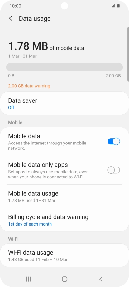 The total data usage is displayed. The total data usage is displayed.