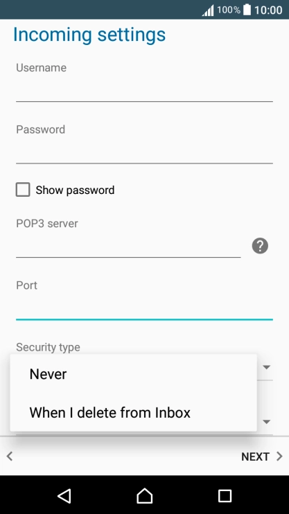 Press Never to keep email messages on the server when you delete them on your phone.