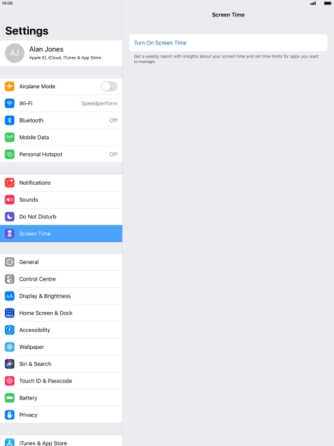 Press Turn On Screen Time. Press Turn On Screen Time.
