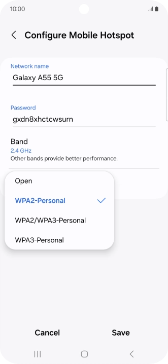 Press WPA3-Personal to password protect your Wi-Fi hotspot. Press WPA3-Personal to password protect your Wi-Fi hotspot.