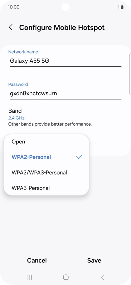 Press WPA3-Personal to password protect your Wi-Fi hotspot. Press WPA3-Personal to password protect your Wi-Fi hotspot.