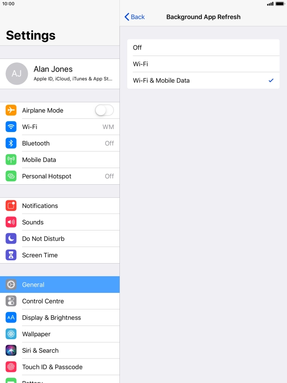 To turn off background refresh of apps, press Off.