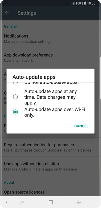 To turn on automatic update of apps using Wi-Fi, press Auto-update apps over Wi-Fi only.. To turn on automatic update of apps using Wi-Fi, press Auto-update apps over Wi-Fi only..