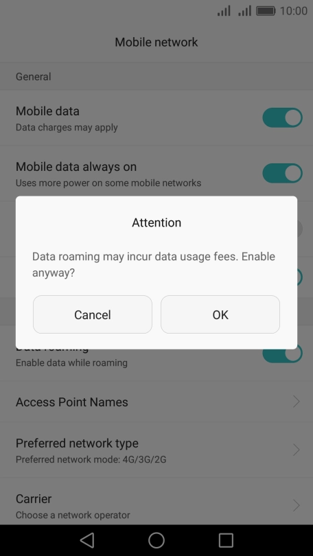 If you turn on data roaming, press OK. If you turn on data roaming, press OK.