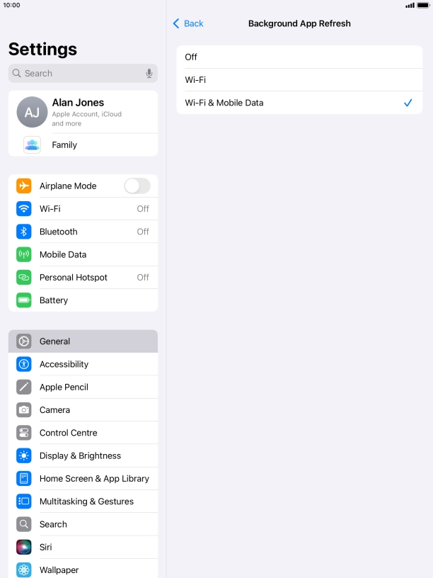 To turn off background refresh of apps, press Off. To turn off background refresh of apps, press Off.