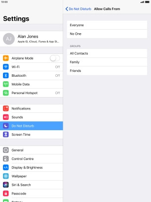 Press the required setting to select which contacts can call you even though Do Not Disturb is turned on. Press the required setting to select which contacts can call you even though Do Not Disturb is turned on.