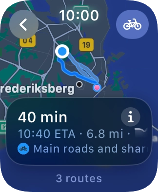 Turn the Digital Crown to see the suggested routes. Turn the Digital Crown to see the suggested routes.