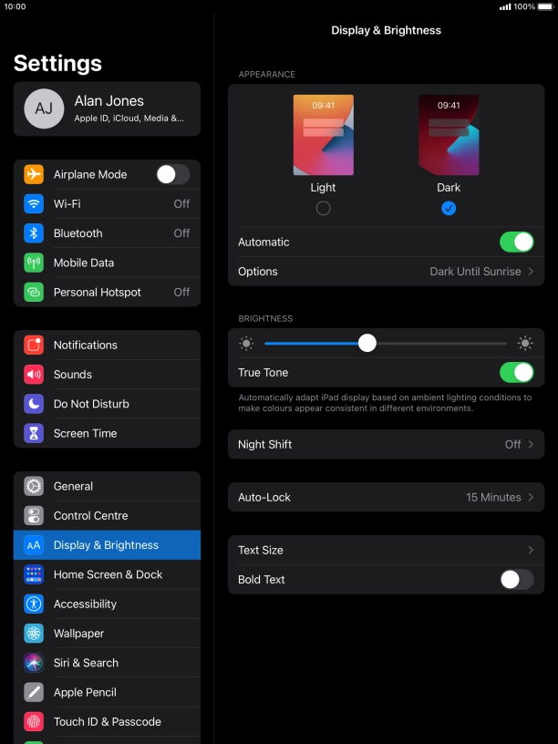 If you turn on the function, press Options and follow the instructions on the screen to select the required period of time for Dark Mode.